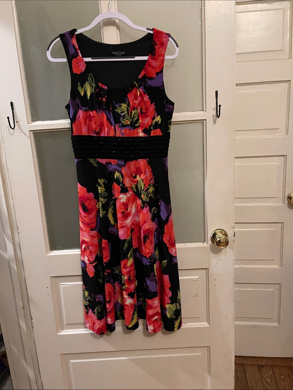 Perceptions Black Midi Dress with Red and Purple Floral Print